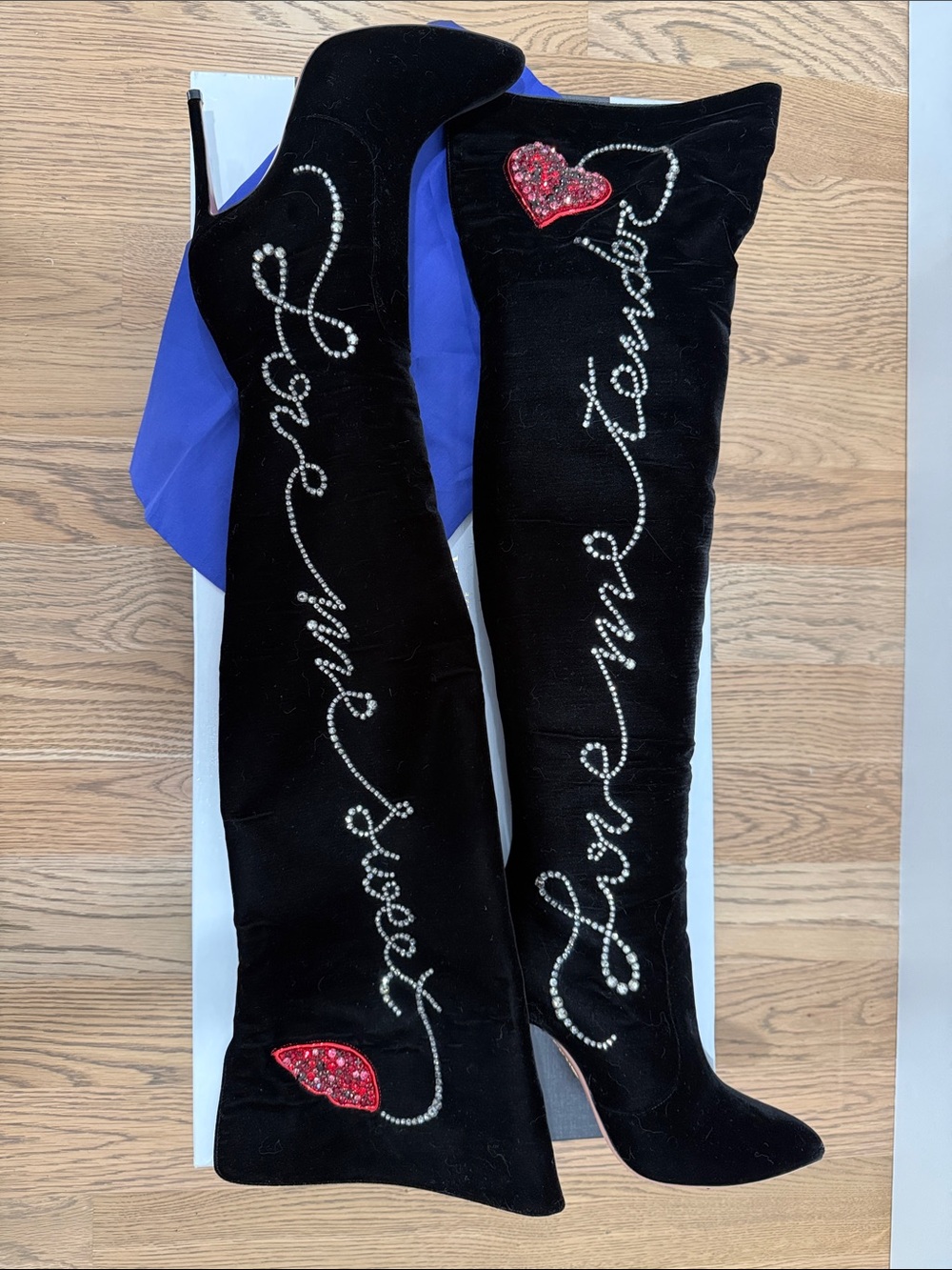 Aquazurra Cupid Boots Black Over-the-Knee Velvet Boots